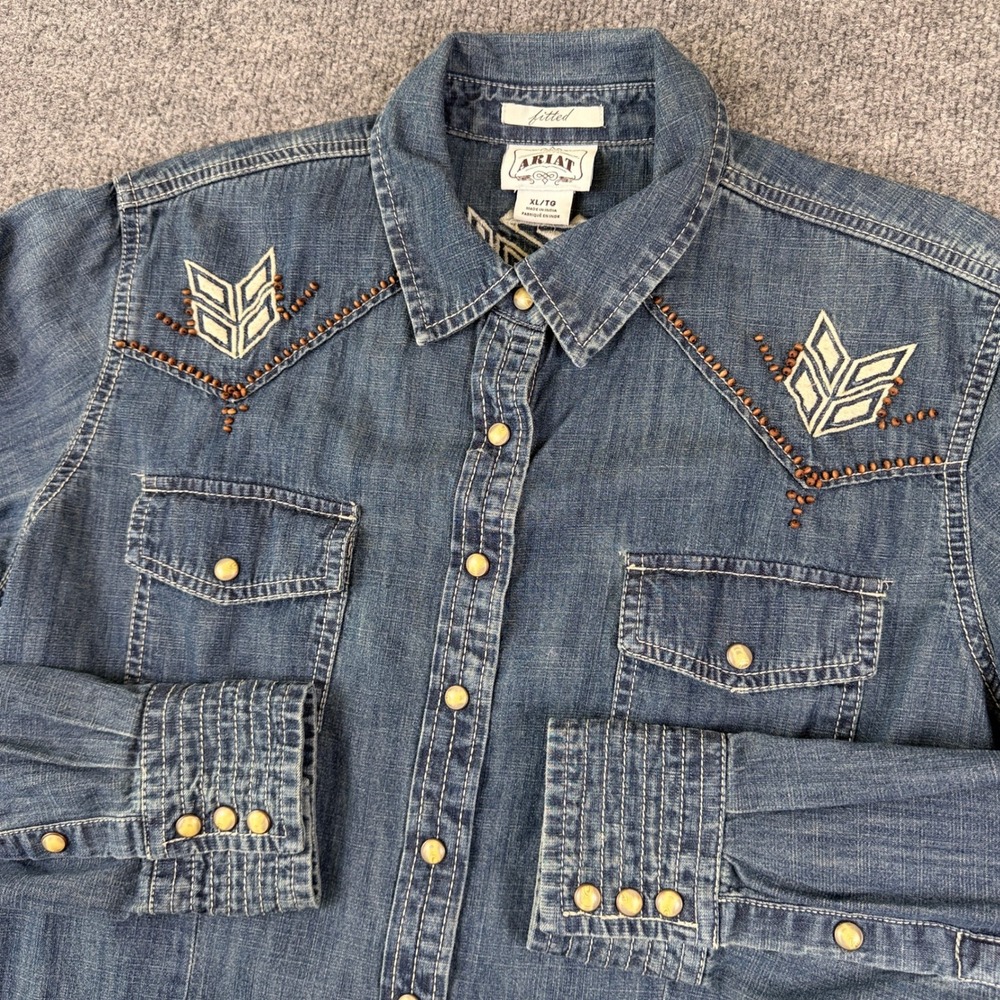 Ariat Denim Pearl Snap Shirt Womens XL Blue Beaded Aztec Long Sleeve Cowgirl